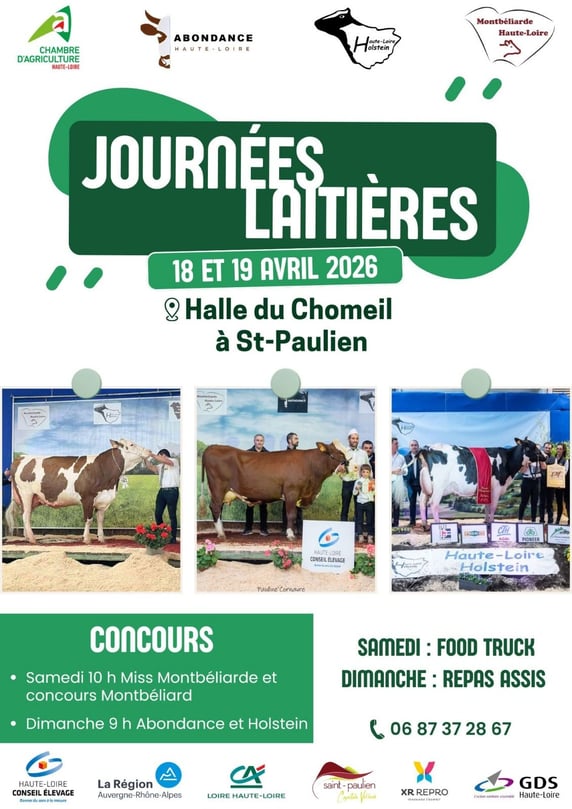 Peut être une image de texte qui dit ’CHAMBRE DAGRICULTURE DAGRICL 京器「能一島明」 ABONDANCE HAUTE-LOIRE Tolstein Montbéllarde Haute-Loire oire JOURNEES LAITIÈRES 18 ET 19 AVRIL 2026 Halle du Chomeil à St-Paulien peииR